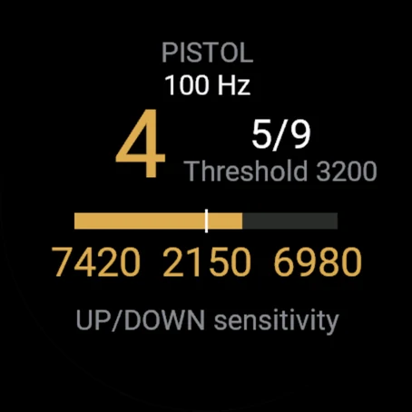 Sensor test: 100 Hz, 4 shots, sensitivity 5 of 9, recoil peaks against the threshold