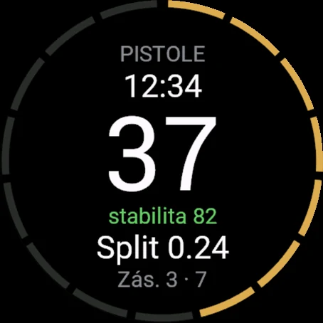 Recoil v hodinkách Garmin: pistole, 37 ran, stabilita 82, split 0.24, zásobník 3 se 7 ranami