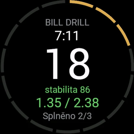 Série Bill Drill splněná zeleně: první rána 1.35, celkový čas 2.38, splněno 2 ze 3