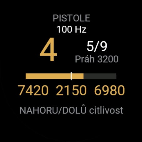 Test senzoru: 100 Hz, 4 rány, citlivost 5 z 9, síly rázů proti prahu