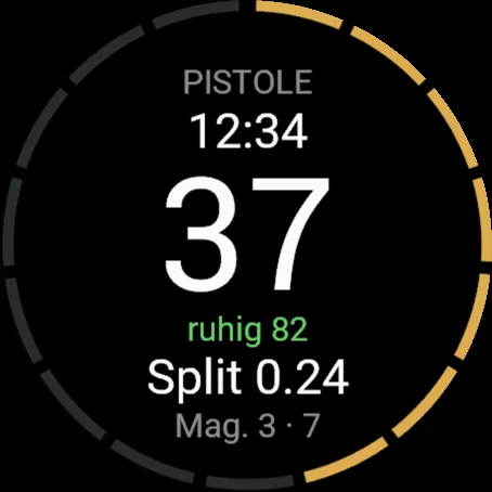 Recoil auf einer Garmin-Uhr: Pistole, 37 Schuss, Ruhe 82, Split 0.24, Magazin 3 mit 7 Schuss