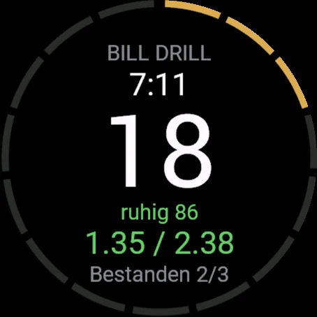Bill-Drill-Serie grün bestanden: erster Schuss 1.35, Gesamtzeit 2.38, 2 von 3 bestanden