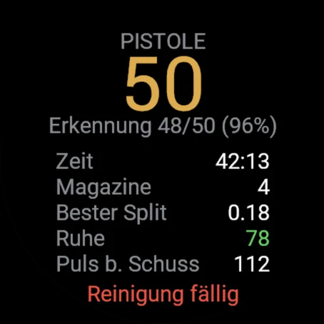 Trainingsübersicht: 50 Schuss, 48 von 50 erkannt, bester Split 0.18, Ruhe 78, Puls beim Schuss 112