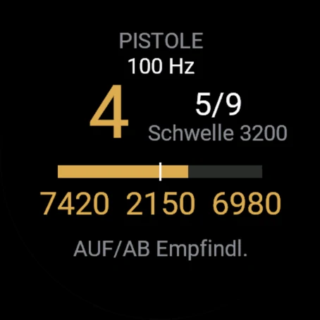 Sensortest: 100 Hz, 4 Schuss, Empfindlichkeit 5 von 9, Rückstöße gegen die Schwelle