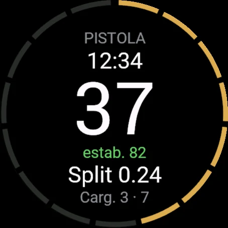 Recoil en un reloj Garmin: pistola, 37 disparos, estabilidad 82, split 0.24, cargador 3 con 7 disparos