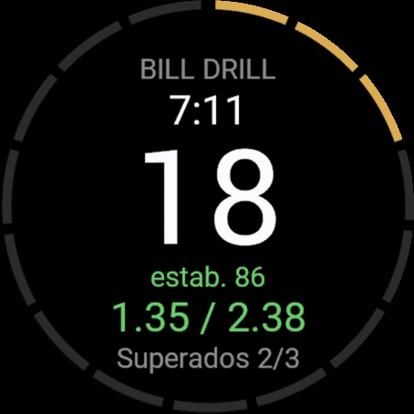 Serie de Bill Drill superada en verde: primer disparo 1.35, total 2.38, 2 de 3 superadas