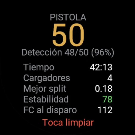 Resumen de la sesión: 50 disparos, 48 de 50 detectados, mejor split 0.18, estabilidad 78, pulso al disparar 112