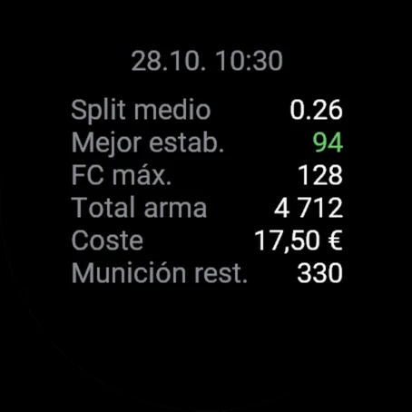 Detalles: split medio, mejor estabilidad 94, total del arma 4 712, coste 17.50 €, munición restante 330