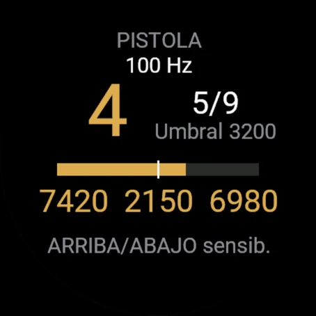 Prueba del sensor: 100 Hz, 4 disparos, sensibilidad 5 de 9, retrocesos frente al umbral
