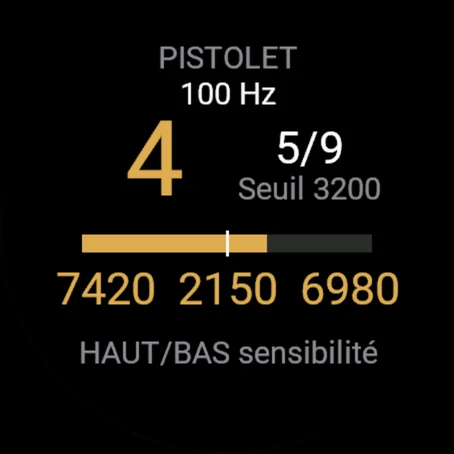 Test du capteur : 100 Hz, 4 tirs, sensibilité 5 sur 9, reculs par rapport au seuil
