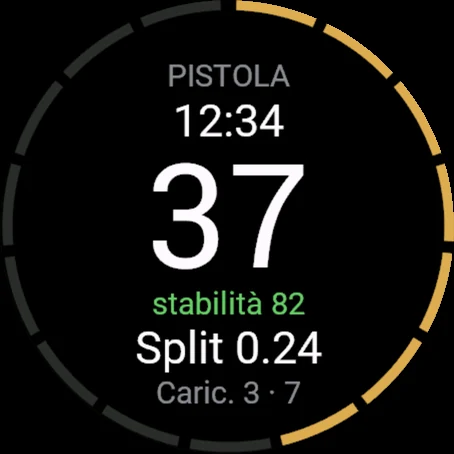 Recoil su un orologio Garmin: pistola, 37 colpi, stabilità 82, split 0.24, caricatore 3 con 7 colpi