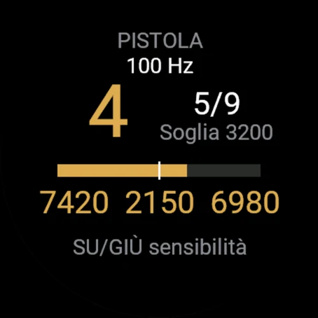 Test del sensore: 100 Hz, 4 colpi, sensibilità 5 su 9, rinculi rispetto alla soglia