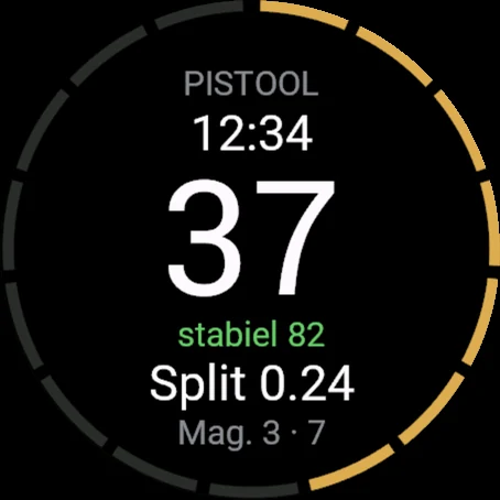 Recoil op een Garmin-horloge: pistool, 37 schoten, stabiliteit 82, split 0.24, magazijn 3 met 7 schoten