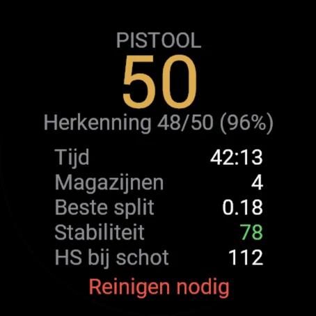 Trainingsoverzicht: 50 schoten, 48 van 50 herkend, beste split 0.18, stabiliteit 78, hartslag bij schot 112