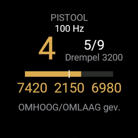 Sensortest: 100 Hz, 4 schoten, gevoeligheid 5 van 9, terugslagen tegenover de drempel