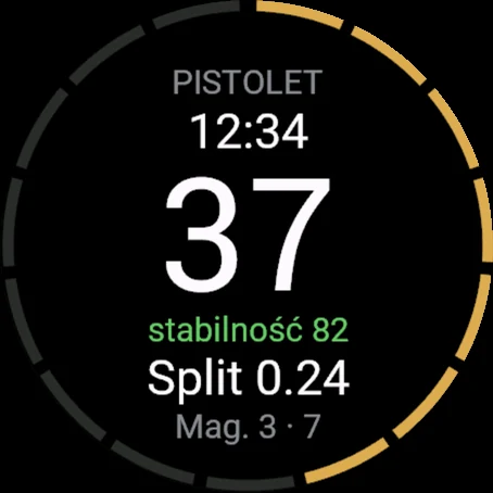 Recoil w zegarku Garmin: pistolet, 37 strzałów, stabilność 82, split 0.24, magazynek 3 z 7 strzałami