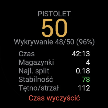 Podsumowanie treningu: 50 strzałów, wykryte 48 z 50, najlepszy split 0.18, stabilność 78, tętno przy strzale 112