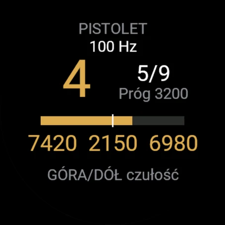 Test czujnika: 100 Hz, 4 strzały, czułość 5 z 9, odrzuty względem progu
