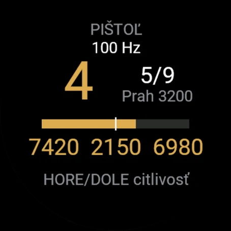 Test senzora: 100 Hz, 4 rany, citlivosť 5 z 9, sily rázov oproti prahu